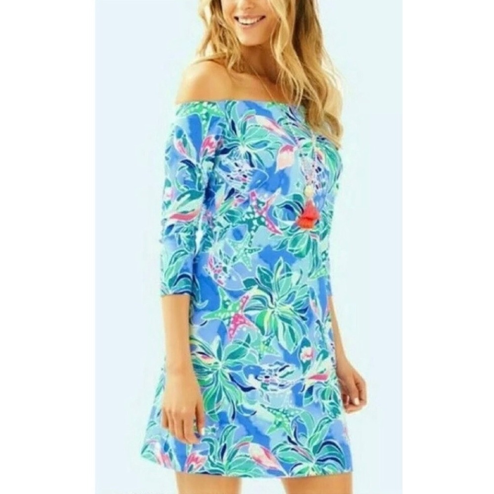 Lilly Pulitzer Laurana Off Shoulder Floral Blue Celestial Seas Dress XL Tropical